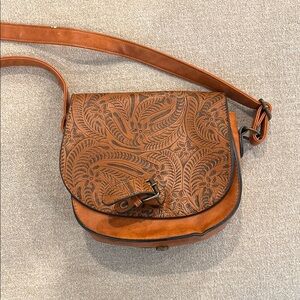Tan Tooled Leather Crossbody Bag